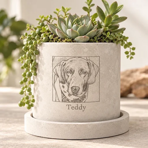 A Rooted in Remembrance planter engraved with a portrait of a dog named Teddy